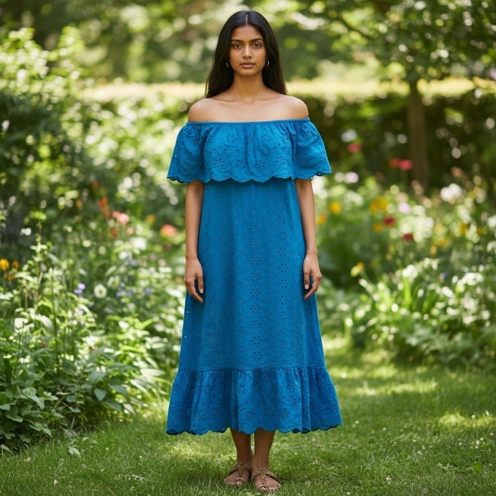 Umgee USA Women's Turquoise Blue Eyelet Off Shoulder Ruffle Maxi Dress Size‎ M